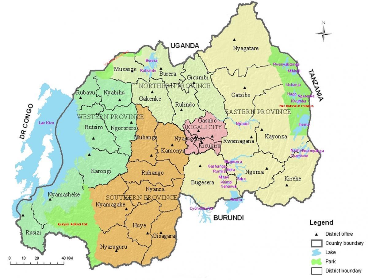 χάρτης της Ρουάντα με τις περιφέρειες και τους τομείς