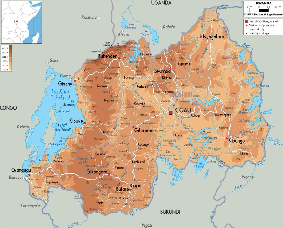χάρτης της φυσικής χάρτης της Ρουάντα
