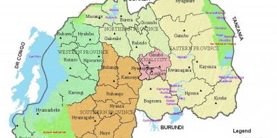 Χάρτης της Ρουάντα με τις περιφέρειες και τους τομείς